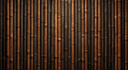 Fototapeta premium Dark, rustic bamboo wall panels with a vertical, textured pattern