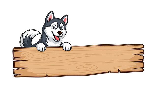 Friendly husky puppy peeking over the top of a rustic wooden sign with space for custom text or messages.