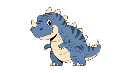 Naklejka premium Friendly blue cartoon dinosaur with horns and stripes standing and smiling on a clean white background for children's content.