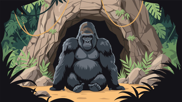 Powerful large silverback gorilla sitting calmly at the entrance of a stone cave surrounded by dense tropical jungle foliage.