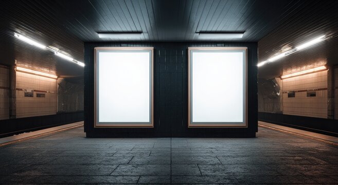 Two blank digital billboards illuminated in a dark, industrial subway station tunnel