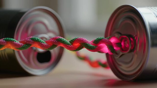 Close-up of a vibrant glowing braided cord threaded through metallic beverage cans, symbolizing the dynamic spirit of International Youth Day and fostering innovative Digital Youth Connect solutions.