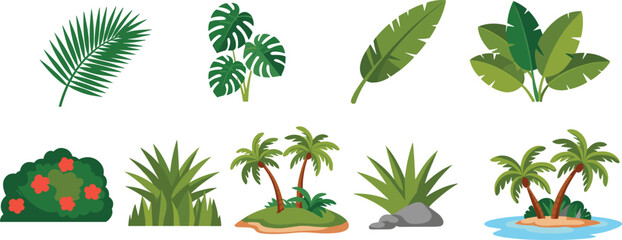 Tropical plants icons set, palm leaves monstera bushes island greenery vector illustration collection exotic nature design elements © LatifunNahar