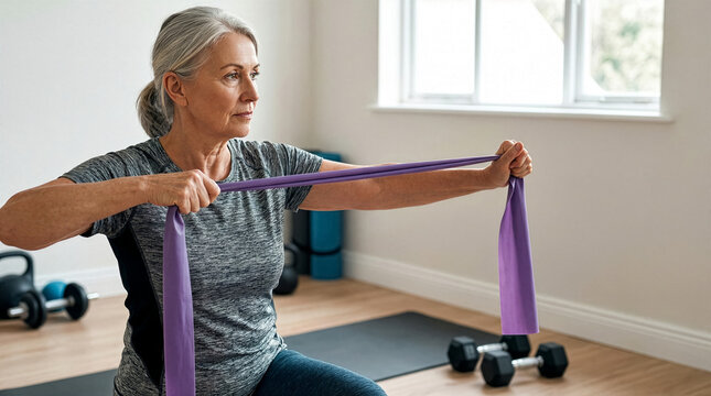 Active senior woman performing strength training with a purple resistance band at home