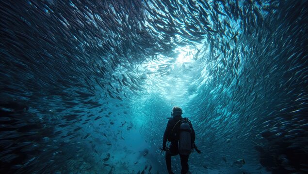 A solitary diver surrounded by a vast, swirling school of fish