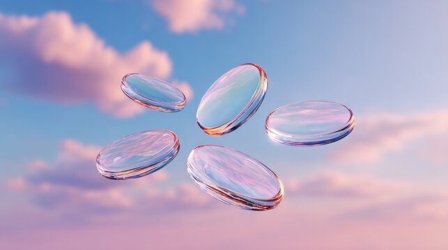 Five iridescent, lens-shaped objects hover in a pastel-colored sky with soft clouds.