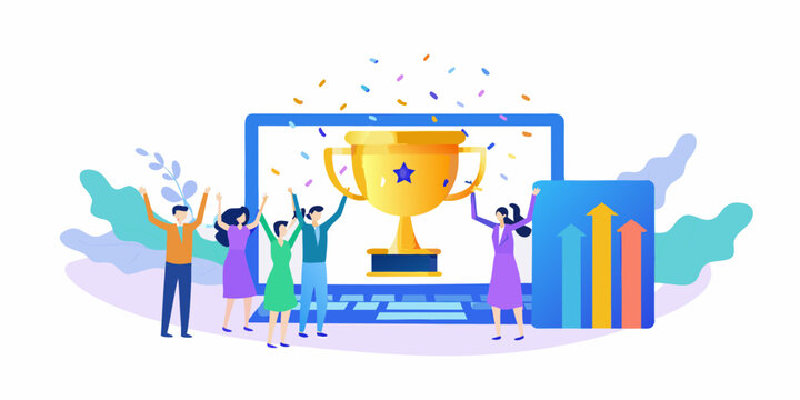 Team celebrates success with a trophy emerging from a laptop screen