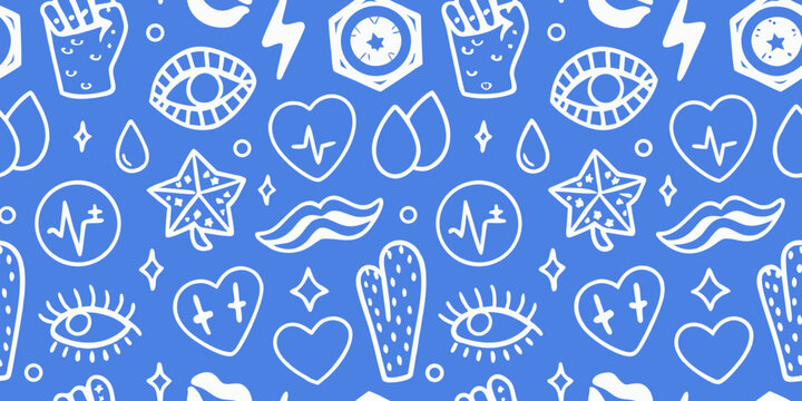 Whimsical pattern featuring hands eyes hearts and celestial symbols