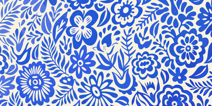 Intricate blue and white floral pattern with repeating botanical motifs