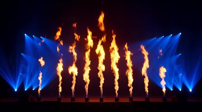 Dynamic pyrotechnic fire pillars illuminate a dark stage, creating a spectacular live performance atmosphere with blue spotlights