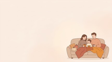 Fototapeta premium Cozy autumn illustration of a happy family with a child cuddling on the couch with pumpkins and a warm blanket.