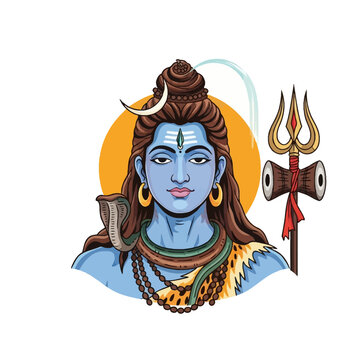 Vector illustration of Hindu deity Lord Shiva featuring blue skin, a third eye, crescent moon, and the River Ganga flowing from matted hair, holding a trident with damru drum.