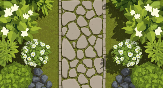 Top-down vector illustration of a garden walkway featuring irregular grey flagstones with a brick border, surrounded by green shrubs, white flowering bushes, and dark rocks.
