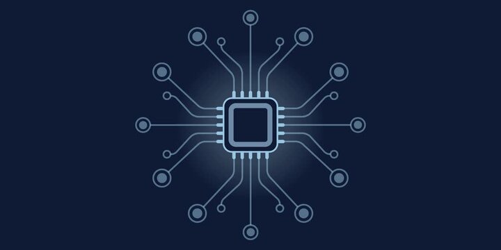 Animated central identity verification engine on a dark navy gradient. A geometric core chip connects to radial network nodes with moving signal particles representing secure access distribution.
