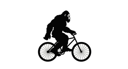 Naklejka premium Detailed black silhouette vector illustration of a Bigfoot Sasquatch cryptid riding a bicycle, side profile view of legendary creature cycling, isolated on a white background.