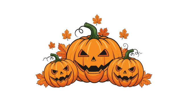 Illustration of three carved Halloween jack-o'-lantern pumpkins with spooky expressions and triangular eyes, accented with orange autumn maple leaves on a white background.