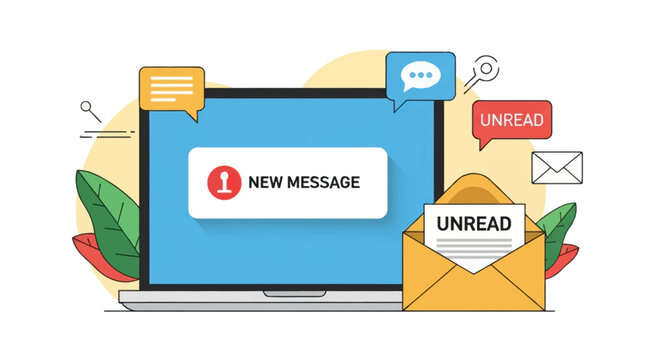 Vector illustration of a laptop computer displaying a new message notification on the screen next to an open envelope with an unread letter, speech bubbles, and flat icons.