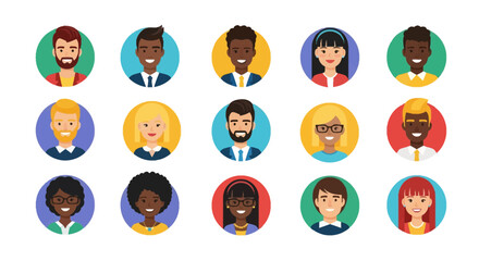 Fototapeta premium Vector illustration set of fifteen diverse human avatars including men and women of different ethnicities, hair colors, and styles in colorful circular icons on a white background.