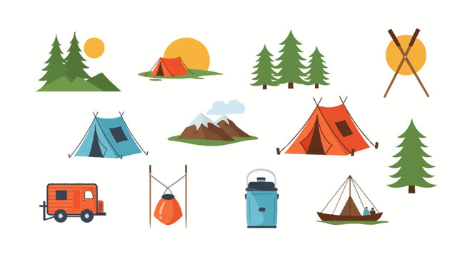 Vector illustration set of camping and outdoor adventure icons featuring diverse tents, pine trees, snow-capped mountains, sunset, camper trailer, canteen, and rowing oars on white.