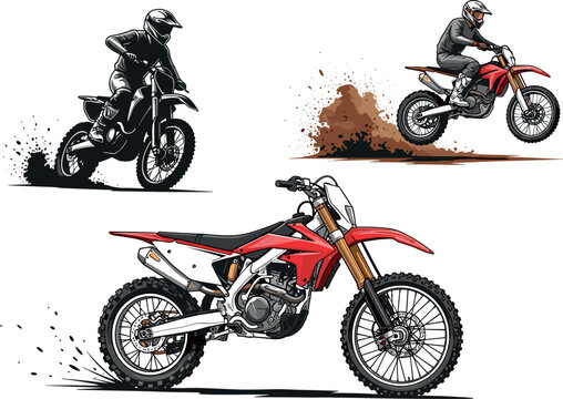 Motocross Dirt Bike Vector Set Featuring Off Road Motorcycle, Rider Action, Mud Splash, and Extreme Sport Racing Illustration Elements