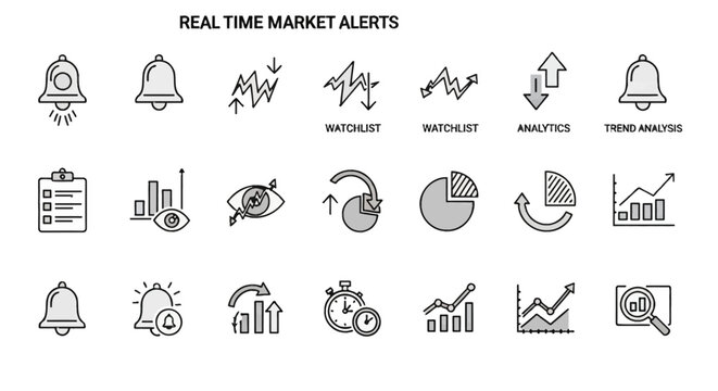 Set of black and grey vector line icons for real-time market alerts featuring notification bells, trend analysis charts, financial monitoring eyes, watchlists, and data analytics.