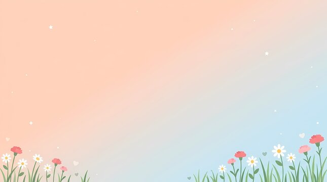 Gentle floral background with carnation and daisy flowers on a soft pastel gradient sky