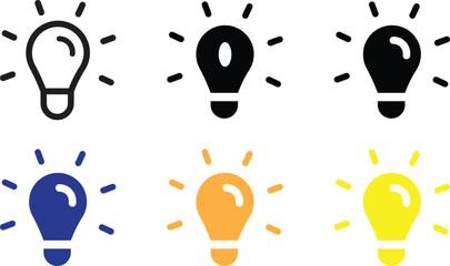 Idea light bulb icon collection including linear black blue orange and yellow versions with shining rays representing creativity innovation thinking solution brain power and bright thoughts. © anamull2004