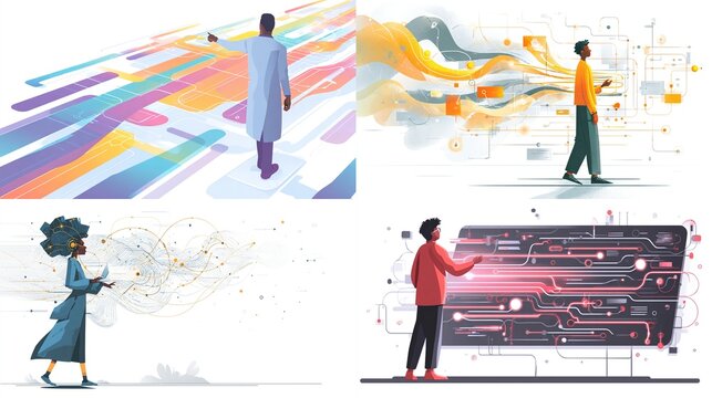 Futuristic engineers visualizing glowing algorithms and data streams
