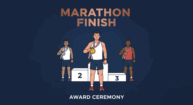 Marathon Finishers Celebrate Their Victory at Award Ceremony With Podium and Medals