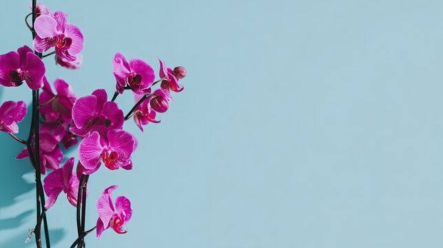 Vibrant magenta orchid blooms stand tall against a solid pale blue background with noticeable shadow play.