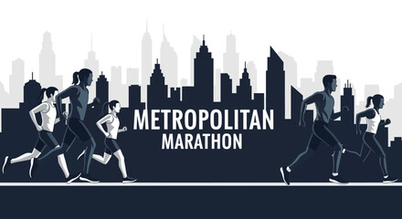 Fototapeta premium Metropolitan Marathon: Runners Striving Towards Finish Line Against City Skyline