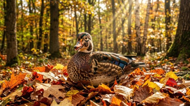 Wood Duck Resting on Bed of Autumn Leaves in Sunny Golden Forest
