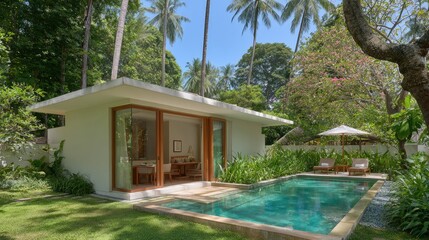 Naklejka premium Modern poolside villa with open doors and a clear blue swimming pool