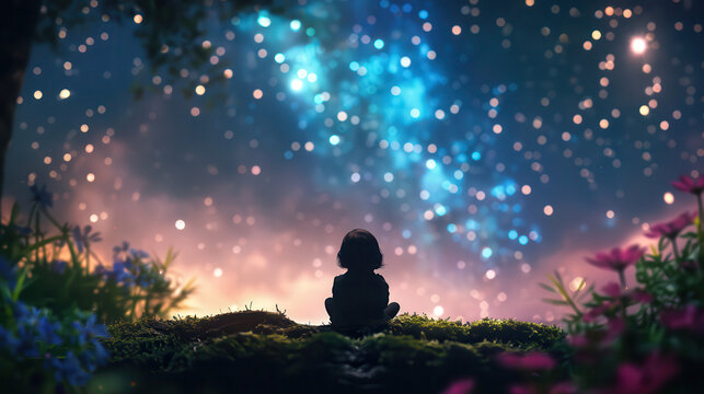 Silhouetted child sits still on mossy grass