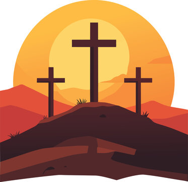 Three crosses on a hill silhouetted against a vibrant orange sunset, symbolizing the crucifixion and Easter.