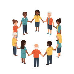 Obraz premium Illustration of a diverse group of people holding hands in two concentric circles on a white background with a sense of unity and togetherness.