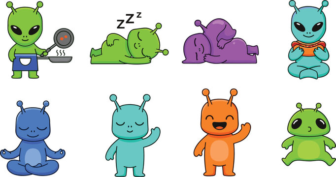 Cute alien characters vector set featuring funny extraterrestrial creatures sleeping eating meditating and waving for sci fi cartoon design