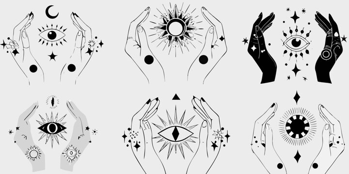Mystical hands holding celestial symbols eyes moons and radiant suns