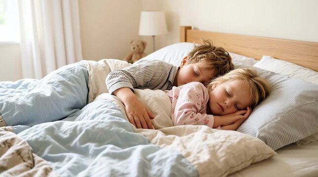Brother and sister sleeping peacefully in bed cozy morning light