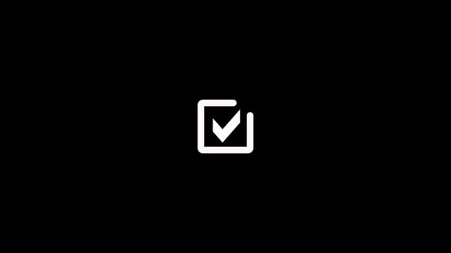 White checkmark inside a square outline on a black background Keywords: checkmark, check, tick, mark, symbol, sign, icon, graphic, design, element, interface, ui, ux, web, app, digital, technology