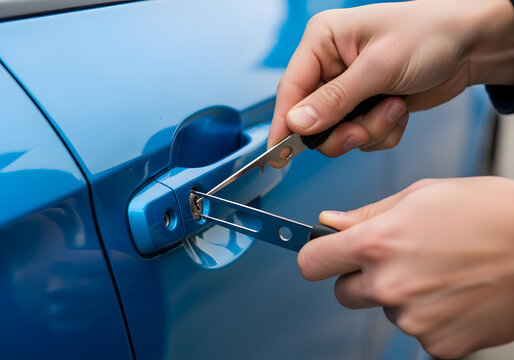 Person using lockpicks on a blue car door