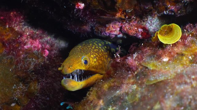 Yellow fangtooth moray eel "Enchelycore Anatina" in a rocky crevice on a volcanic reef seabed