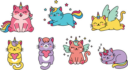 Obraz premium Cute unicorn cats collection with rainbow tails, wings and magical horns, fantasy kawaii cartoon vector illustration set isolated