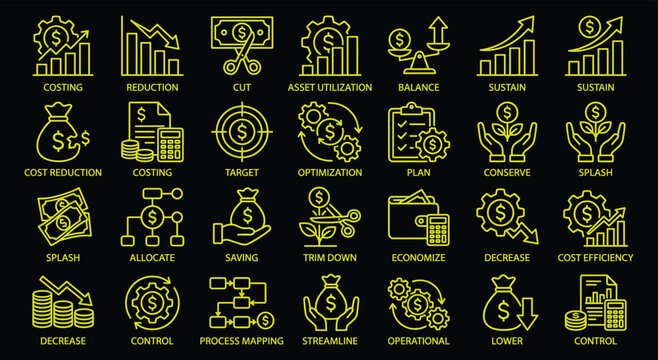 Cost reduction and business optimization yellow line icons collection