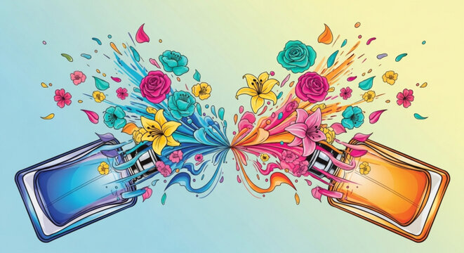 Two perfume bottles exploding colorful flowers fragrance