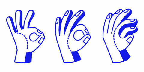 Obraz premium Three hands displaying different ok gestures in a blue line art style