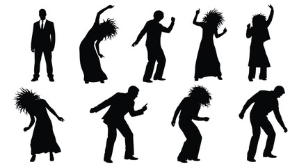 Fototapeta premium Vector graphic illustration featuring various black silhouettes of people dancing and celebrating joyfully.
