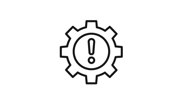 Black and white graphic of a gear with a central exclamation point, likely symbolizing a technical alert or issue. Simple design