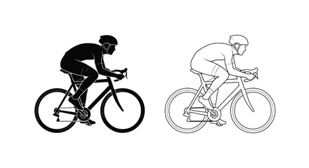 Fototapeta premium Vector illustration set depicting a professional cyclist in full racing gear riding a road bicycle in two contrasting styles silhouette and outline