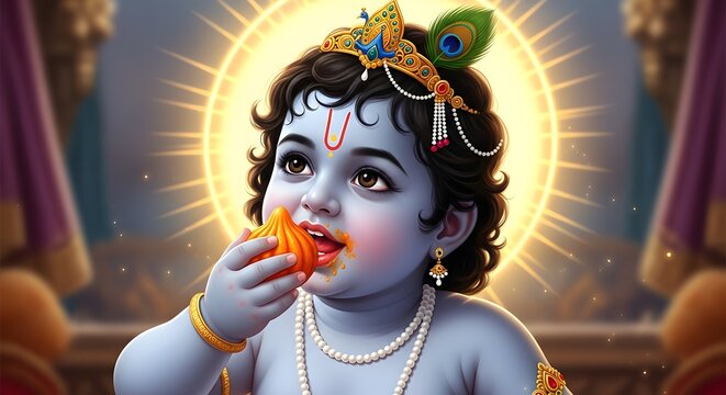 Cute Little Krishna Eating Modak Sweet with Golden Halo and Peacock Feather Crown